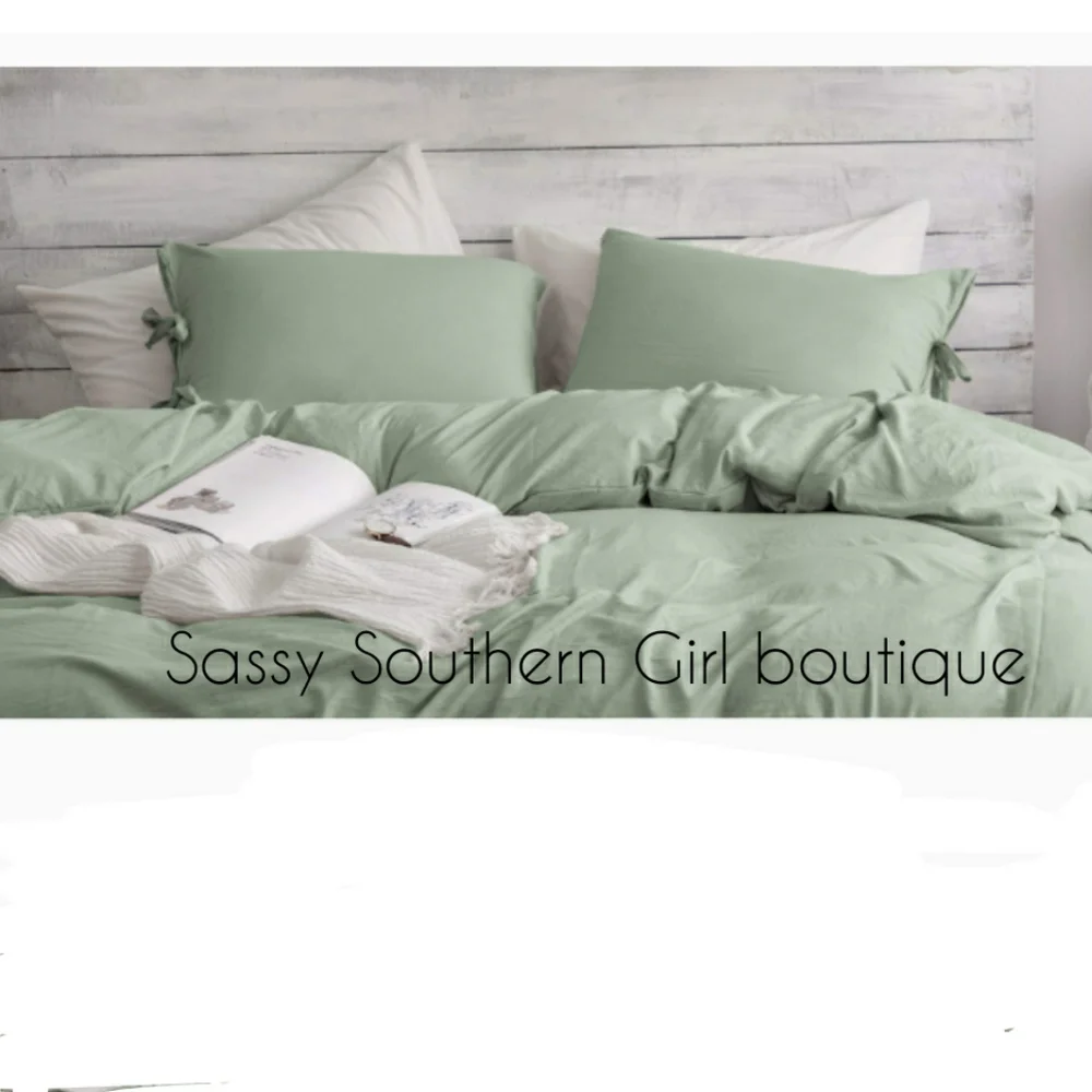 🆕⭐ Softest ever Boho sage green bowtie duvet cover set